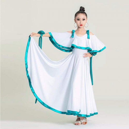 White with turquoise blue ribbon long ballroom dance dresses for girls kids children tango waltz rhythm salsa dancing long gown for kids